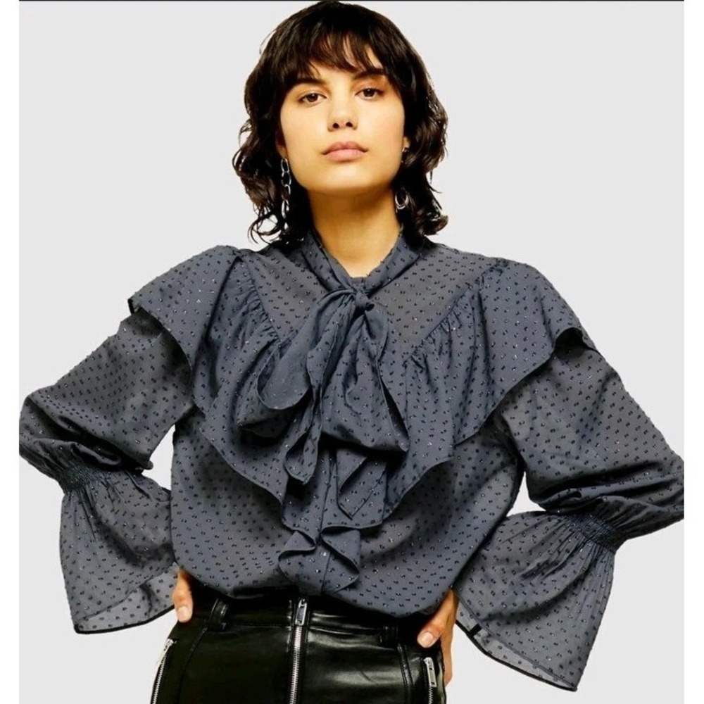 Topshop Idle Tie Ruffle Blouse Sz 12 Sheer Gunmetal Grey W/ Metallic Swiss Dots